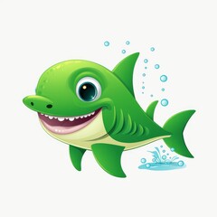AI generated illustration of a cartoon green shark isolated on a white background