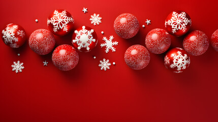 Christmas decoration accessories, ribbon gifts, candy ball hangers with a red background, copy space