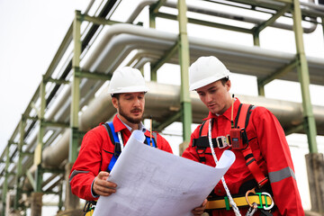 Two handsome male engineers working and reading a blueprint  at the  pipeline oil and gas ...