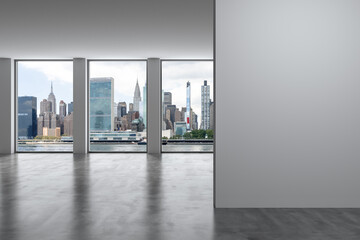 Midtown New York City Manhattan Skyline Buildings Window Background. Real estate Empty room...