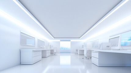  3d Rendering Office Room Images ,
An Empty Office With A White Ceiling And Desk Computer