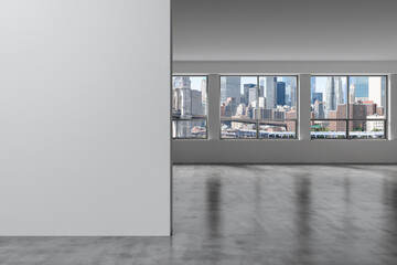 Downtown New York City Lower Manhattan Skyline Buildings. High Floor Window. White mockup wall....