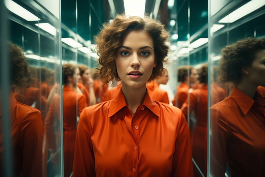 portrait of surprised woman looking in mirror