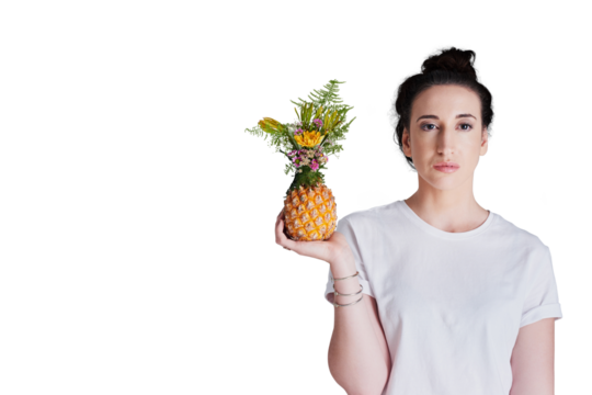 Woman, pineapple and flowers for organic, hand or isolated on transparent png background. Portrait, health and think for raw, tropical or plants for fresh, food or fruit for serious, face and healthy