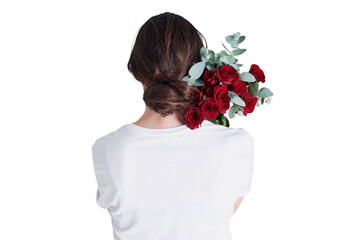 Woman back, roses and bouquet as gift or present for floral sale and nature on transparent png...