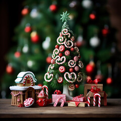 Miniature Christmas tree with ornaments, presents, candies, on a wooden table, bokeh in the background, Christmas background