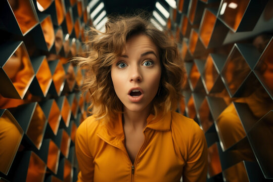 portrait of surprised woman looking in mirror