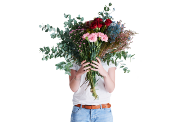Flowers, woman or hide face for creative in nature aesthetic, spring design abstract or gift of art studio mockup. Anonymous person, hands or floral bouquet by isolated on transparent png background