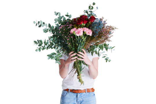 Flowers, woman or hide face for creative in nature aesthetic, spring design abstract or gift of art studio mockup. Anonymous person, hands or floral bouquet by isolated on transparent png background