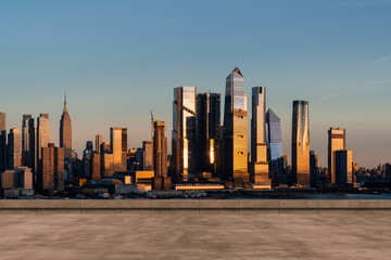 Skyscrapers Cityscape Downtown, New York Skyline Buildings. Beautiful Real Estate. Sunset. Empty...