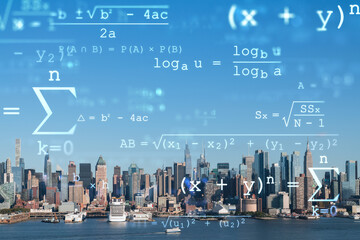New York City skyline from New Jersey over the Hudson River towards Midtown Manhattan at day time. Technologies and education concept. Academic research, top ranking university, hologram - obrazy, fototapety, plakaty