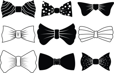 Set of  black and white bow ties vector illustration. Bow tie silhouette