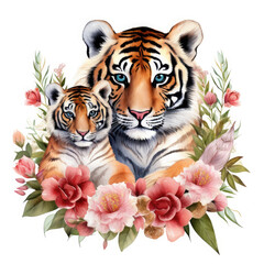 Cute mother tiger with baby with flowers Illustration, Generative Ai