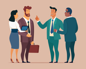 Group of business people talking to each other. Businessman with attache case and his female assistant with tablet discussing project with business partners. Business communication concept