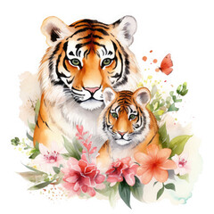 Cute mother tiger with baby with flowers Illustration, Generative Ai