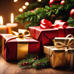 Christmas gift boxes and fir tree branches on wooden table, Christmas background  