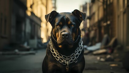 AI generated illustration of a black dig with a silver collar around its neck - obrazy, fototapety, plakaty