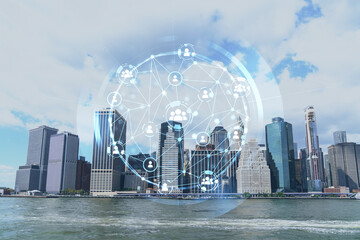 Skyline of New York City Financial Downtown Skyscrapers over East River from park, Dumbo at day time, Manhattan. Social media hologram. Concept of networking and establishing new people connections