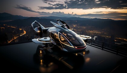 AI generated illustration of a futuristic flying car above a cityscape