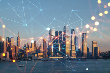 New York City skyline from New Jersey over Hudson River with Hudson Yards skyscrapers, sunset. Manhattan, Midtown. Social media hologram. Concept of networking and establishing new people connections