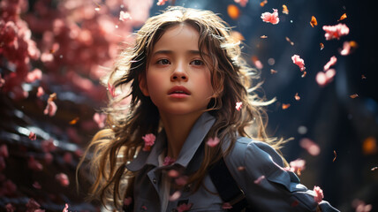 Japanese schoolgirl reaching for falling Sakura blossoms.