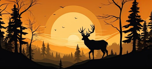 deer silhouette with trees and sun Generative AI
