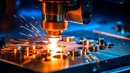 A Laser CNC cut of metal with light spark, technology modern industrial.