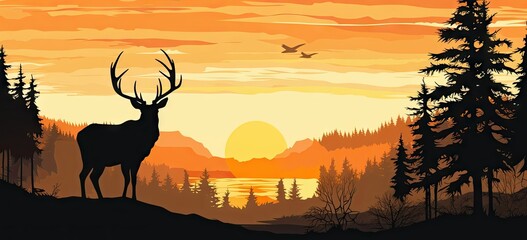 silhouette of deer against an orange sky with pine trees Generative AI