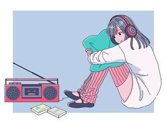 ラジカセでカセットテープの音楽を聴く女の子