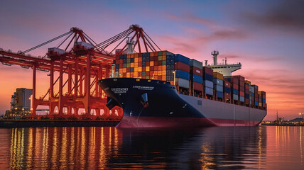 Naklejka premium Container ship at import-export dock with quay crane.
