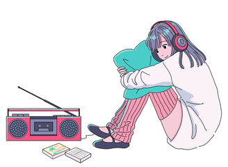 ラジカセでカセットテープの音楽を聴く女の子 © アーモンド1000