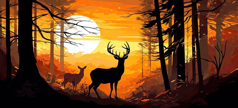 deer and fawn in the woods and sun with silhouette of trees Generative AI