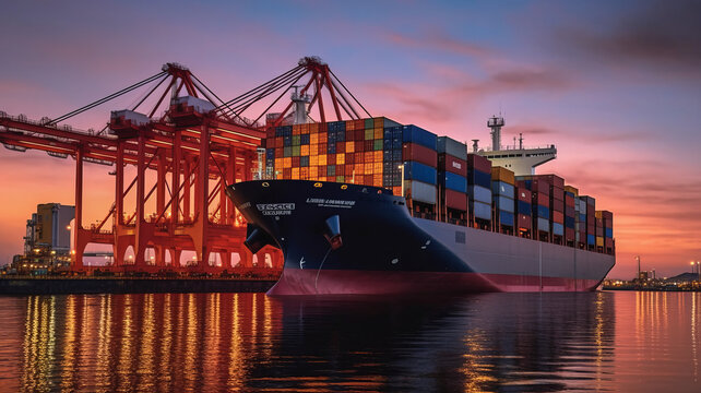 Container ship at import-export dock with quay crane.