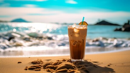 AI generated illustration of a mug of cold brew coffee resting on a sandy beach - obrazy, fototapety, plakaty