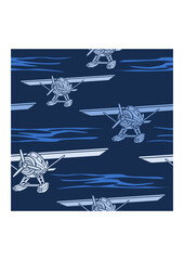 Editable Front Semi Oblique View Pontoon Floating Plane on a Water Vector Illustration as Seamless Pattern With Dark Background for Transportation or Recreation Related Design