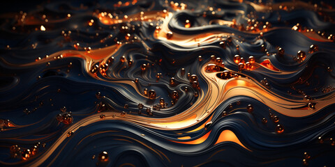 Abstract liquid gold, golden waves background. Black futuristic luxury wavy gold bokeh, golden shiny sparkle wallpaper surface for elegant card, digital concept, salon packaging, technology brochure. - obrazy, fototapety, plakaty