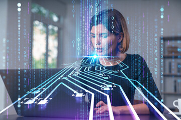 Pensive attractive beautiful businesswoman in formal wear working on laptop at office workplace in background. Ai hologram icons. Concept of machine learning.