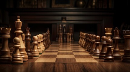 AI generated illustration of a wooden chess set on a wooden board - obrazy, fototapety, plakaty