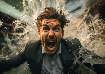 Captivating image depicting a man overwhelmed with the metaphorical feeling of drowning under work stress and corporate demands. - obrazy, fototapety, plakaty