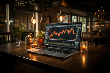 An evening setting with a laptop showing vibrant stock market graphs, capturing the essence of modern investment and market analysis.