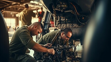 Workers aligning and fitting specialized equipment on a military helicopter.Background