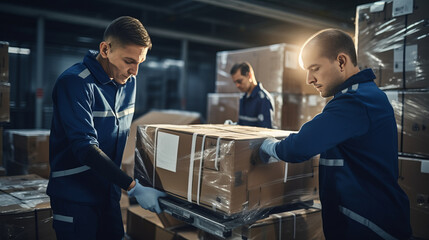 two workers in a warehouse, moving a large cardboard box. They are wearing blue uniforms and gloves, working diligently in a team.Background