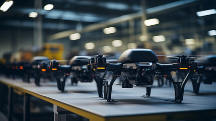 A line-up of drones being assembled and tested in a defense manufacturing facility.Background