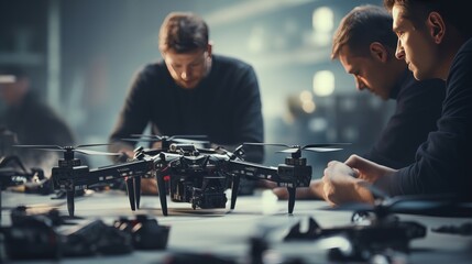 a group of individuals collaboratively working on a drone in a workshop, surrounded by various tools and equipment, indicating a focus on technology, innovation, and teamwork.Background