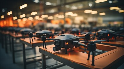 a collection of drones arranged on a table within a warehouse, illuminated by orange lights, indicating a focus on technology, unmanned aerial vehicles, and possibly logistics or distribution. - obrazy, fototapety, plakaty