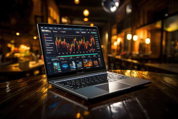 Laptop displaying detailed stock market charts on its screen in a dimly lit café, highlighting modern remote trading and financial analysis.