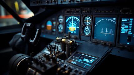 an airplane cockpit illuminated with blue and orange lights, showcasing various instruments, controls, and screens displaying flight information from the pilot’s perspective.Background - obrazy, fototapety, plakaty