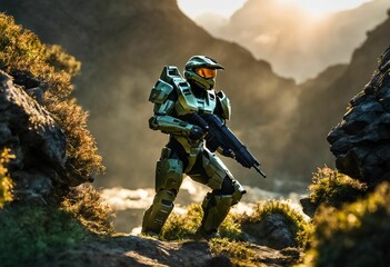 Fototapeta premium Uniformed soldier standing in the middle of a rocky terrain, AI-generated.