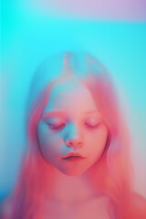 ethereal portrait of pale girl pink and blue light, isolated on plain studio background, glowing aesthetic vibe