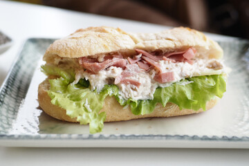 Sandwich With Smoked Chicken Salami on table 